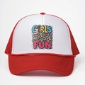 Rot-weiße Trucker Cap mit Girls Just Want Have Fun Spruch und luftigem Netzrücken - Einheitsgröße / Rot