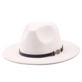 Classic white wool fedora hat for men and women featuring black band and fish metal buckle - M (56-58cm) / White
