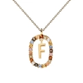 Macro shot of gold letter F pendant featuring a colorful zircon stones bezel - Letter F