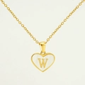 Gold stainless steel necklace with white shell heart pendant and letter W - Letter W