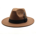 Khaki wool fedora hat with wide brim, black grosgrain ribbon, and colorful side feather - Light Coffee
