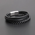 Men's multilayer black leather braided bracelet with volcanic stones and silver magnetic clasp - Inner Diameter 6cm / Black