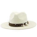 Close-up of cream woven panama hat featuring leopard print band with pearls and metal flowers - M (56-58cm) / Cream