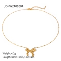 18k gold plated stainless steel necklace featuring a bow pendant and small gold beads - Beaded Chain Bow Pendant Necklace (JDNW2401004) / Gold