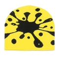 Close-up of bright yellow knit beanie featuring artistic black splatter pattern - M (56-58cm) / Yellow