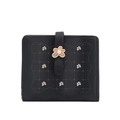 Close-up of black PU leather wallet featuring floral print and 3D metal flower clasp - Black
