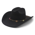 Classic black Western cowboy hat for women featuring colorful bohemian beaded strap detail - Black Faux Suede