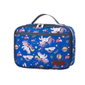 Detail view of unicorn pattern blue oxford lunch bag with leather logo and zipper - Unicorn