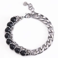 Bracciale a doppio strato da uomo in acciaio inossidabile con perle nere e catena lucida - Pietra opaca