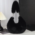 Chic black faux fur crescent hobo bag with silver chain strap and plush fuzzy texture - Black