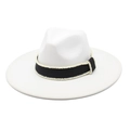 Detail of white wide brim fedora hat featuring black ribbon with white pearl embellishments - M (56-58cm) / White