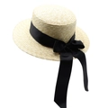 Close-up of a classic straw hat with fine weaving and a black grosgrain ribbon bow - M (56-58cm) / Black Ribbon