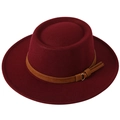 Close-up of wine red felt hat with brown leather band and metallic buckle detail - M(56-58cm) / Burgundy