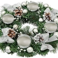 Silver Christmas wreath candle holder with pine needles, cones and silver bows - 30cm Silver Basin Cup