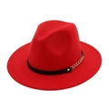 Red wool felt wide brim fedora hat featuring a black leather band and gold chain link - Red