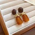 Vintage tortoiseshell resin earrings with dark wood beads and gold metal accents - Amber Resin Patchwork Drops (70#)
