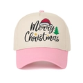 Close-up of Merry Christmas embroidery with festive tree and hat on a two-tone baseball cap - Adjustable / Beige/Pink