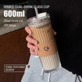 600ml vertical striped glass coffee cup with dual-sip lid and textured sleeve - Gardenia White 600ml (With Black Lettering Wood Grain Sleeve)