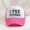 Pink and white mesh trucker hat with humorous I PEE IN POOLS slogan print in the front - Rose Red