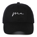 Classic black cotton baseball cap featuring white 'me' script embroidery and curved brim - Adjustable / Black