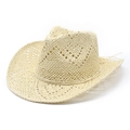 Breathable hollow woven straw western cowboy hat with wide brim for sun protection - M(56-58cm) / Beige
