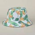Cappello a secchiello reversibile bianco con stampa di banane gialle e foglie verdi - M (56-58cm) / Bianco