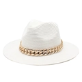 Close-up of white woven straw jazz hat featuring a chunky gold acrylic chain detail - M (56-58cm) / Single White Hat