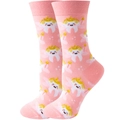 Pink mid-calf socks featuring cute white tooth fairy patterns with golden crowns - EU 36-42 / Pink Tooth Fairy