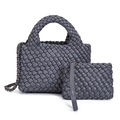 Dunkelgraue handgewebte Leder-Eimertasche mit Kettenriemen und passender Tasche - Dunkelgrau