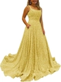 Elegant gold sequin A-line prom dress with spaghetti straps and convenient pockets - US size 2 (S) / Top And Bottom / Yellow