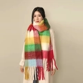 Rainbow plaid mohair-feel scarf with long tassels and soft fluffy texture for winter - Red White Yellow Plaid