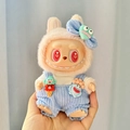 Labubu plush doll in bunny hoodie and blue corduroy overalls with cute accessories - Big Mouth Fish Overalls Set / First And Second Generation Keychains Are Compatible With La Cloth Dolls. Dolls Not Included.