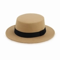 Detail shot of a camel felt pork pie hat with a black ribbon band on a white background - S / Camel