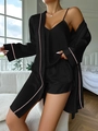 Schwarzes 3-teiliges Pyjama-Set aus Eisseide mit Satin-Finish und rosa Paspelierung - S / Schwarzes 3-teiliges Set