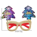 Detailed view of gold glitter Christmas tree glasses with multi-color sequins and Merry Christmas text - Colorful Christmas Tree