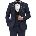 Navy blue men's three-piece wedding suit with peak lapel jacket, vest and slim fit trousers - Navy Blue