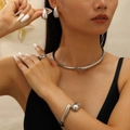 Modern minimalist silver jewelry set including teardrop earrings and a chunky open choker - Earrings + Ring + Choker + Thick Bangle (43) / Four-Piece Set / Bright Silver