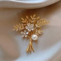 Elegant gold flower brooch with sparkling zircons and a white pearl on satin - 412# Leaf