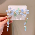 Blue flower hair comb with long gold tassels and gradient petals for girls - Double Flower Blue (379#)