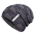 Winter men's knitted beanie in grey-blue plaid pattern with warm fleece lining - M (56-58cm) / Letter Navy Blue