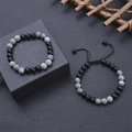 Natural tiger eye and matte agate bead bracelet set with adjustable woven cord - Matte Black & Map Stone Set (Style-03)
