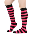 Classic black and pink striped over-knee high socks in a comfortable ribbed knit texture - Straight Without Heel / Rose Red & Black Wide Stripes