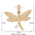 Macro shot of gold dragonfly pendant with white zircon micro-pave detailing and dimensions - Dark Grey L352089-Gold