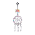 Detailed shot of silver dreamcatcher belly ring with rainbow stones and feather charms - 2752 Steel Color Dreamcatcher