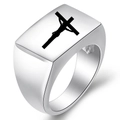 Silver stainless steel signet ring with black laser engraved crucifix and brushed finish - Rectangle Steel