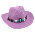 Detail of purple woven straw cowboy hat featuring ethnic beads and turquoise accents - Light Purple