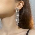 Silver long tassel snake earrings with large square rhinestones on a female model - Silver Full Rhinestone Long (DTE1616989S)