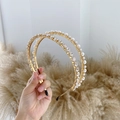 Elegant gold double-layered headband with white pearls and sparkling rhinestones - Pearl White