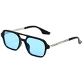 Lunettes aviateur rétro avec monture carrée noire, double pont et verres bleu clair - Monture Noire Branche Argentée Verre Bleu