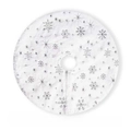 Detailed top view of a white plush Christmas tree skirt with silver snowflake patterns - White With Silver Snowflake